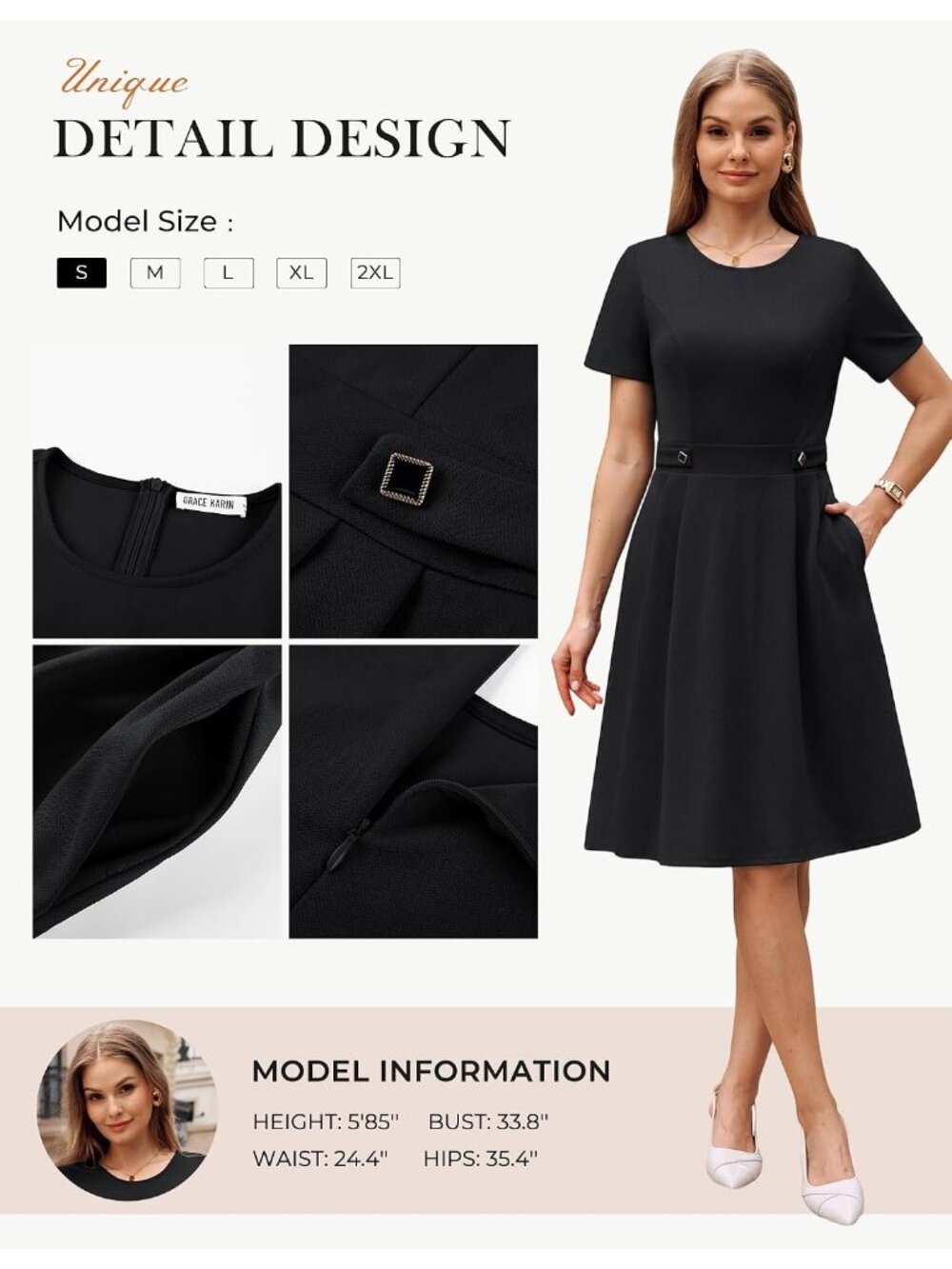 〽️ Women's Black Short Sleeve A Line Pockets Church Work Office Midi Dress - Picture 3 of 6